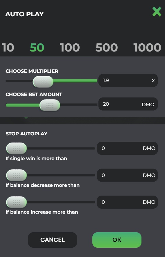Autoplay settings in Roll X game