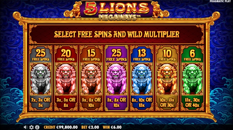5 Lions Megaways - Free Spins Choices